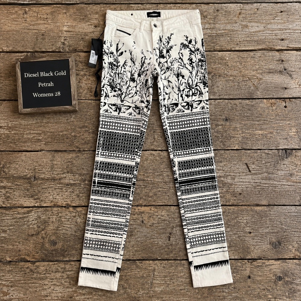 Diesel Black Gold Petrah Womens 28 Black White Printed Slim Trousers NWT